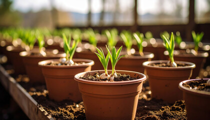 Obraz premium Organic gardening scene with garlic sprouts in small planters, rich brown soil and morning sunlight