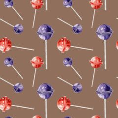Seamless pattern of watercolor red and violet sweet transparent lollipops. Caramel candy on a stick.