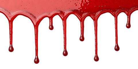 Dripping red liquid isolated on transparent background with dark drops