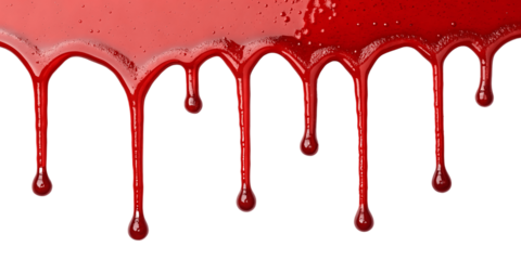 Dripping red liquid isolated on transparent background with dark drops