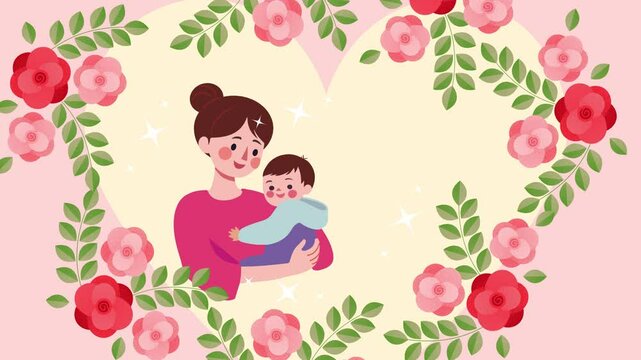 Happy Mother's Day Animation with Heart, Mom and Baby, and Flowers &ndash; Celebration of Love and Motherhood