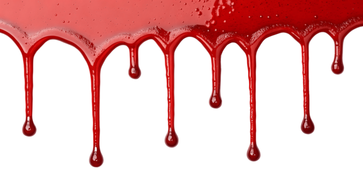 Dripping red liquid isolated on transparent background with dark drops