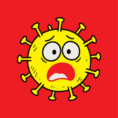 A scared cartoon virus emoticon with yellow body and red background perfect for health safety awareness campaigns and social media posts.