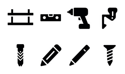 Construction and tools filled icons set – solid, equipment and building symbols