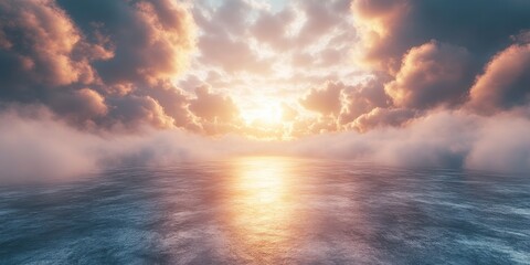 Obraz premium Serene Sunset Ocean Dramatic Cloudscape Peaceful Sky Golden Hour Tranquil Water Beautiful Nature