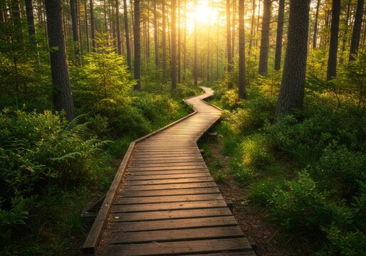 Wooden Path Winding Through Forest with Sunlight Shining Through Trees