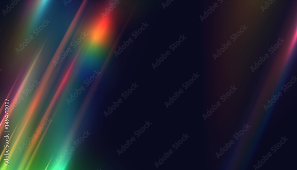 Poster acolorful prismatic light streaks on dark background with glowing refraction effect. vector illustra