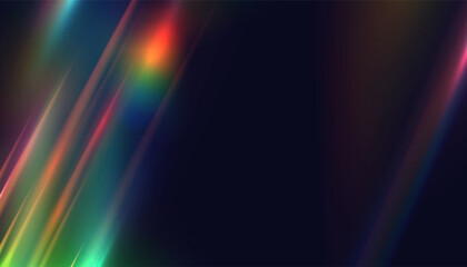 AColorful prismatic light streaks on dark background with glowing refraction effect. Vector illustration for digital design, abstract covers, posters, or modern visual backdrops.


