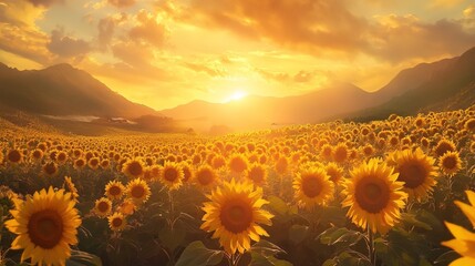Fototapeta premium A sunflower farm glowing under the golden evening light