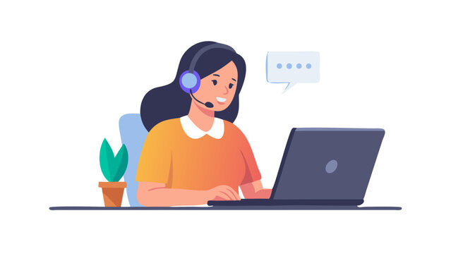 Woman hotline operator wearing headphones and microphone typing on laptop. Call center, customer service, assistance concept. Vector illustration. 