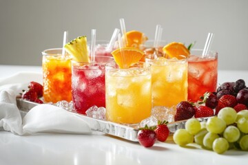 Assortment of cold-pressed juices in wooden crate. glasses of juices next to wooden crate with fresh fruit ingredients on light table. Fresh various smoothie vegetable and fruit juices drinking glass