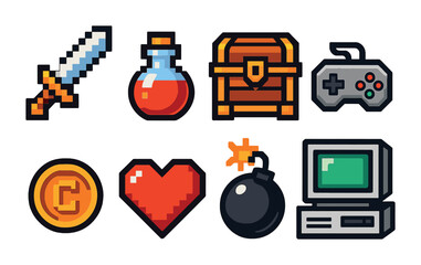 Retro gaming pixel art icons set – isometric, 3d, nostalgic game symbols