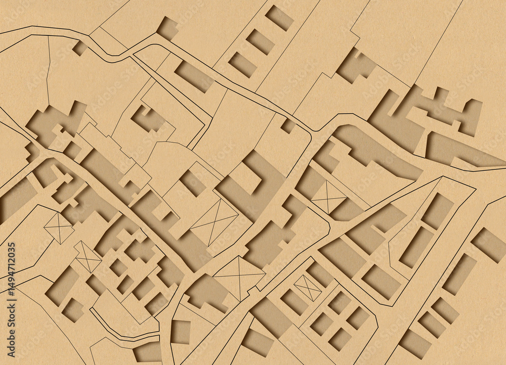 Poster imaginary cadastral map with buildings, land parcel and vacant plot - land records and property regi
