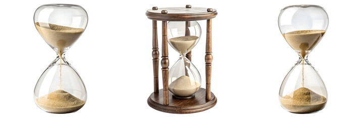 Set For Three hourglasses with sand flowing isolated on transparent background