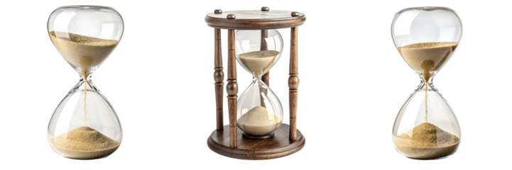 Set For Three hourglasses with sand flowing isolated on transparent background