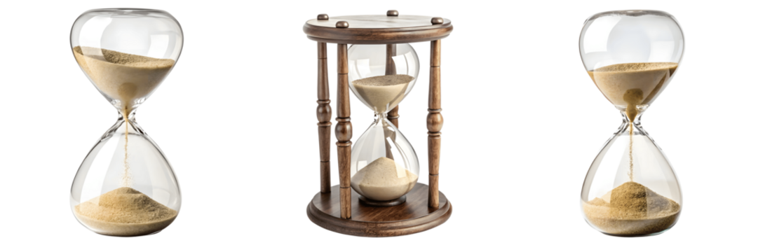 Set For Three hourglasses with sand flowing isolated on transparent background