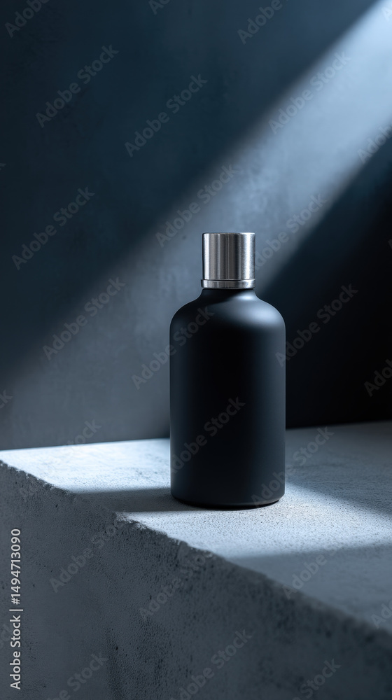 Poster a matte black bottle with a sleek metallic cap stands on a textured surface, illuminated by soft lig