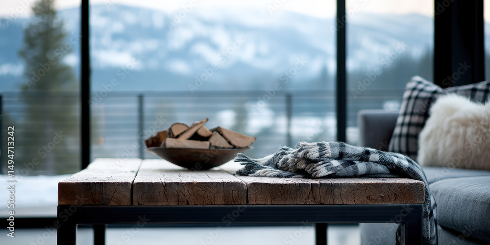 Poster a rustic reclaimed wood table sits in front of a large window showcasing blurred snow-covered mounta