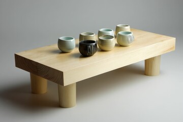 Bare wood coffee table with clean lines and ceramic cups