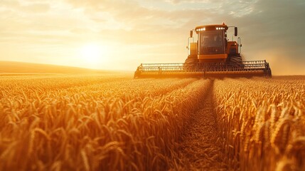 Fototapeta premium A self-driving harvester collecting wheat in an advanced farm field 
