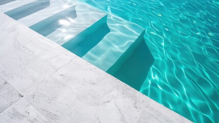 Obraz premium Serene steps leading into a clear turquoise swimming pool under bright sunlight.
