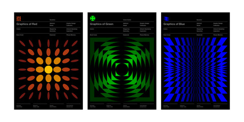 bold geometric poster set with red, green, and blue color systems retro futuristic abstract visual art for design templates or book cover backdrops banner front page annual pattern set