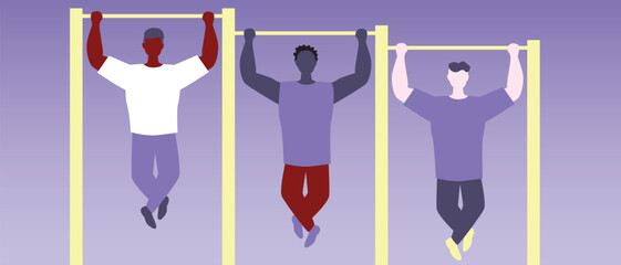 Diverse people including African-American, Latin American, Asian or Chinese doing free weight exercises, flat vector stock illustration with bodybuilders