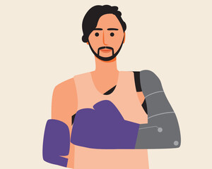 Fototapeta premium Inclusive man with prosthetic arm boxing to build strength, endurance, and coordination, flat vector stock illustration