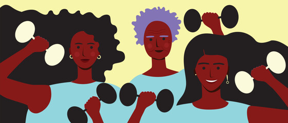 Female fitness with group of african american people with black skin, exercises with dumbbells, inclusive flat vector stock illustration