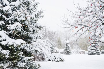 Fototapeta premium Serene winter landscape with snow-covered trees and bright red berries.