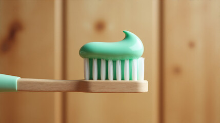 Green toothpaste on wooden toothbrush close-up on wooden background