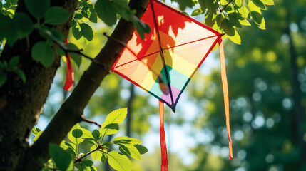 Colorful kite caught in tree branches among green leaves on a sunny day
