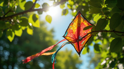 Vibrant Kite Stuck in a Tree Against a Bright Sky