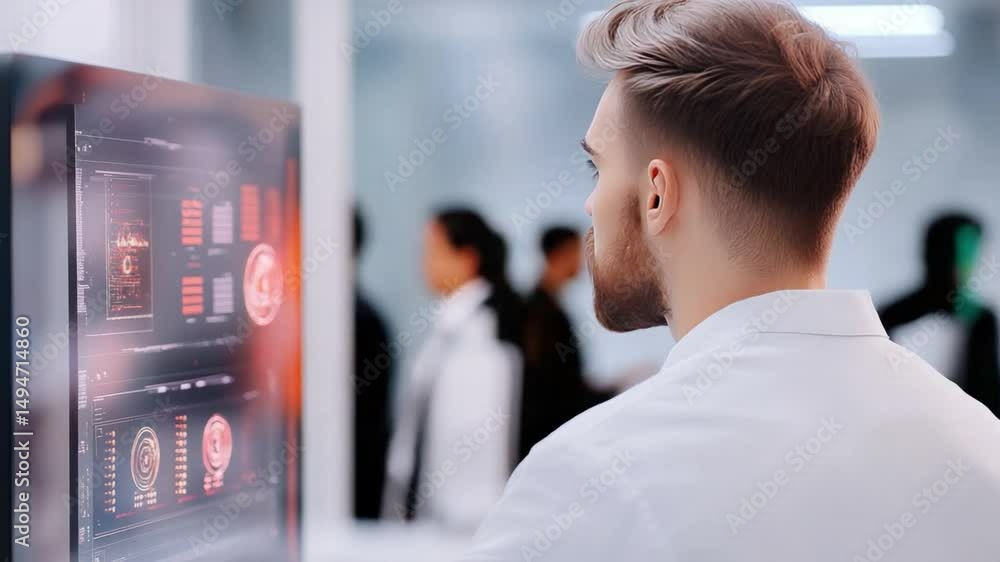 Poster focused on the future: a modern professional intently examines a complex interface, while the backgr
