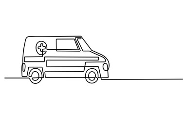 Ambulance vehicle in continuous line art drawing style. Emergency ambulance van with Red Cross symbol black linear sketch isolated on white background. Vector illustration