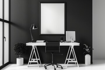 Modern Minimalist Office Space with Black Wall and White Furniture