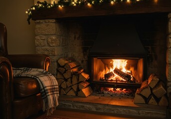 Cozy Fireplace Glow: Logs crackle warmly in a stone fireplace, radiating inviting glow throughout the room, accentuating the comfort of the season.