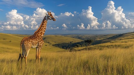 Obraz premium Giraffe in golden savanna landscape under a dramatic sky