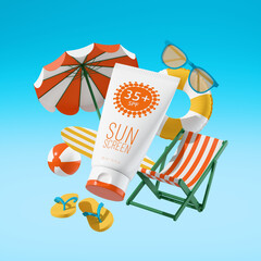 Sunscreen tube and beach accessories floating in the air in blue background. Moisturizing and protection for skin from solar ultraviolet light. 3D illustration. Advertising sunscreen cream