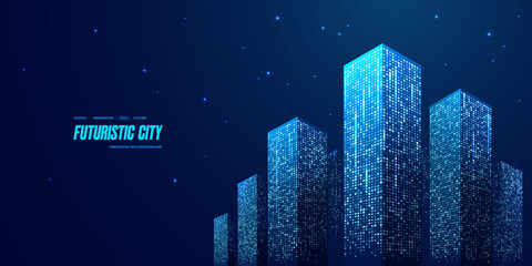 Futuristic digital city buildings on a technology blue background. Hologram of smart city. Night tech buildings. Modern town concept. Abstract 3D constructions of houses and offices. Vector landscape.