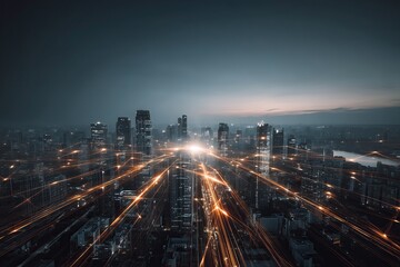 Obraz premium Futuristic digital cityscape with glowing network paths connecting urban skyline at dusk