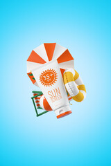 Sunscreen tube and beach accessories floating in the air in blue background. Moisturizing and protection for skin from solar ultraviolet light. 3D illustration. Advertising sunscreen cream