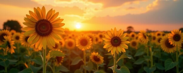 Obraz premium Golden hour sun dips behind vibrant sunflowers , rays, vibrant