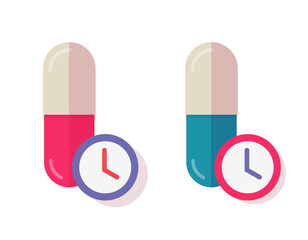 Medicine pill time treatment reminder icon flat carton graphic illustration set, tablet take drug dose sign symbol with clock watch schedule agenda image clip art
