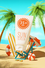 Sunscreen tube on sun lounger and other beach accessories in sandy coastline. Moisturizing and protection for skin from solar ultraviolet light. 3D illustration. Advertising sunscreen cream