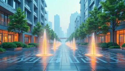 Obraz premium Modern City Street With Illuminated Fountains At Dawn