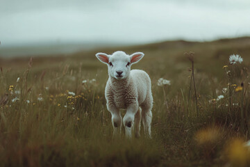 Obraz premium Young white lamb standing on meadow with grass and flowers
