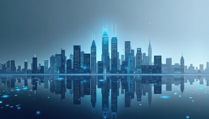 Fototapeta premium Modern Cityscape At Night Illuminated Buildings Reflected In Water