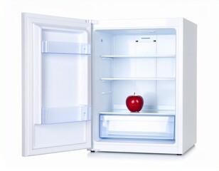 A fresh red Envy apple isolated on a white background, and another placed inside a refrigerator with a clean, well-lit environment &mdash; showcasing freshness and storage.