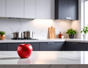 Fresh fruits placed on a kitchen counter alongside a glass of juice, set against a modern dark-toned kitchen background &mdash; a clean and natural food scene with moody lighting.